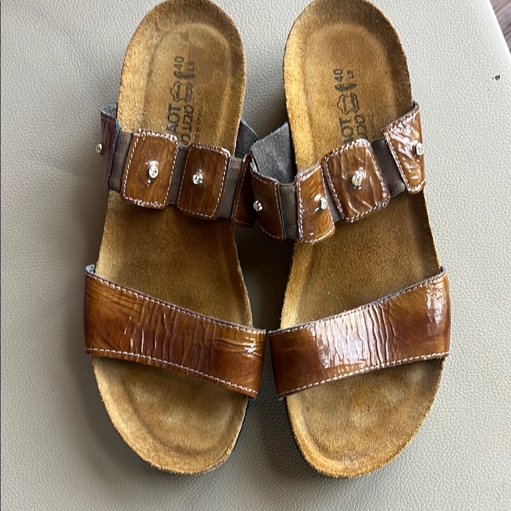 Naot Brown Patent Two-Strap Slide Sandals